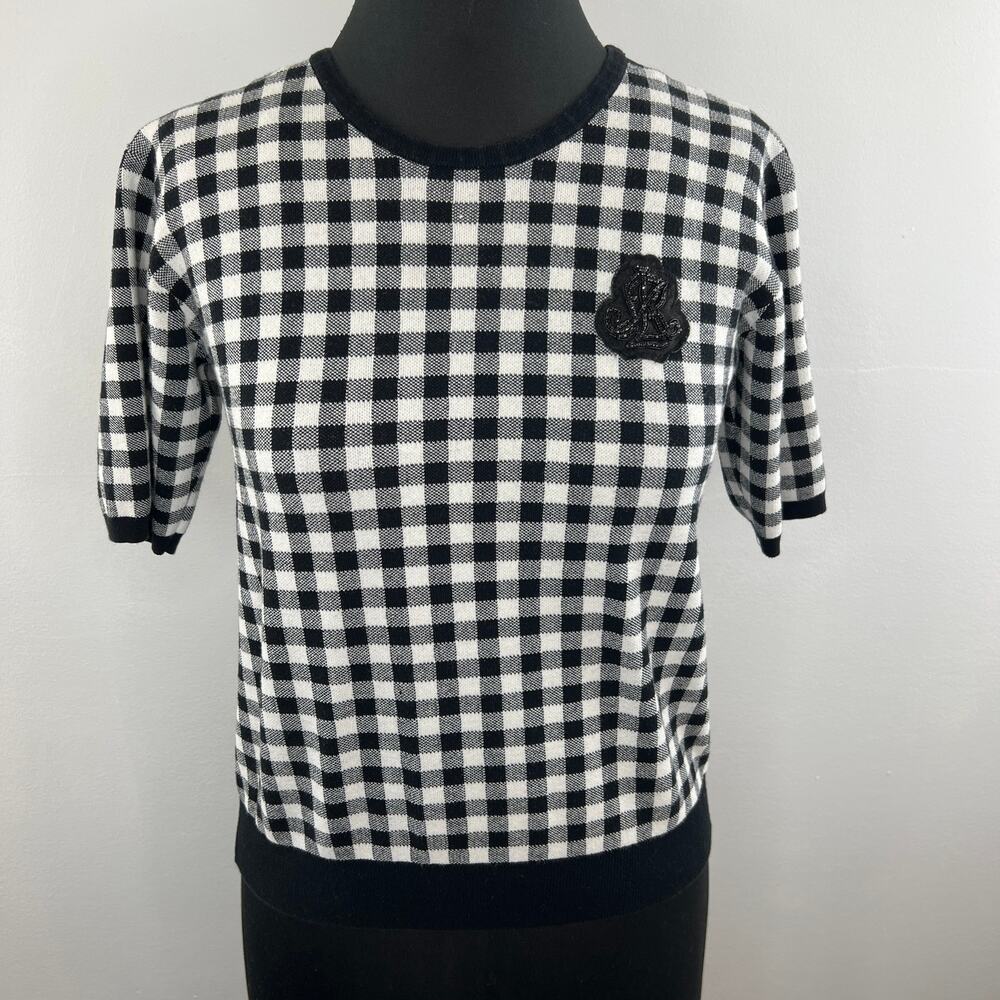 Lauren Ralph Lauren Black White Gingham Check Rhinestone Short Sleeve Top M Med